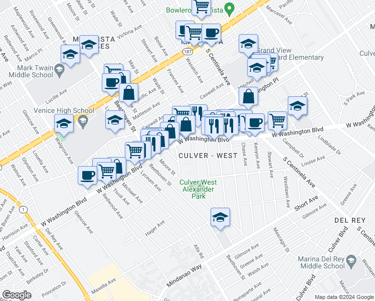 map of restaurants, bars, coffee shops, grocery stores, and more near 12718 West Washington Boulevard in Los Angeles