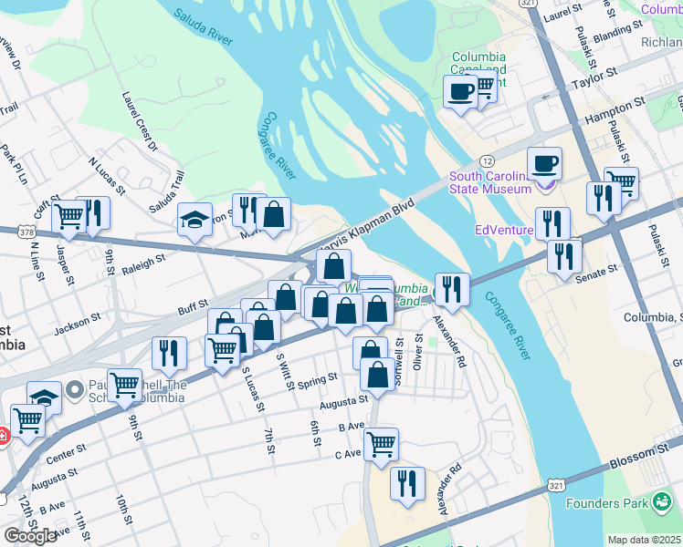 map of restaurants, bars, coffee shops, grocery stores, and more near 136 Sunset Boulevard in West Columbia