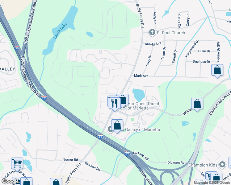 map of restaurants, bars, coffee shops, grocery stores, and more near 129 Bridge View Drive in Marietta