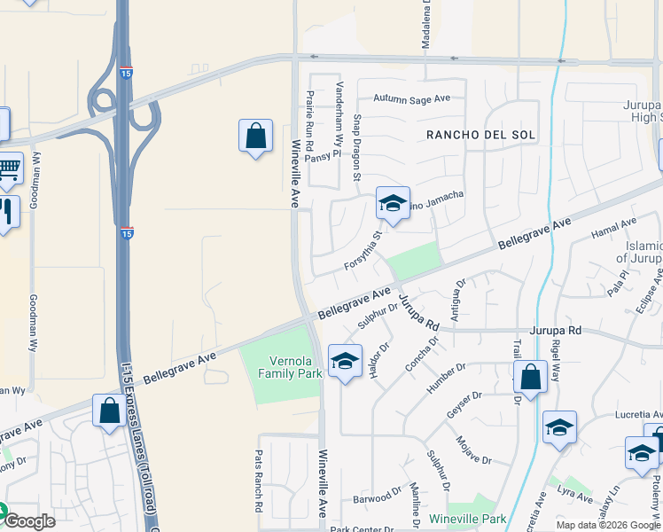 map of restaurants, bars, coffee shops, grocery stores, and more near 11781 Forsythia Street in Jurupa Valley
