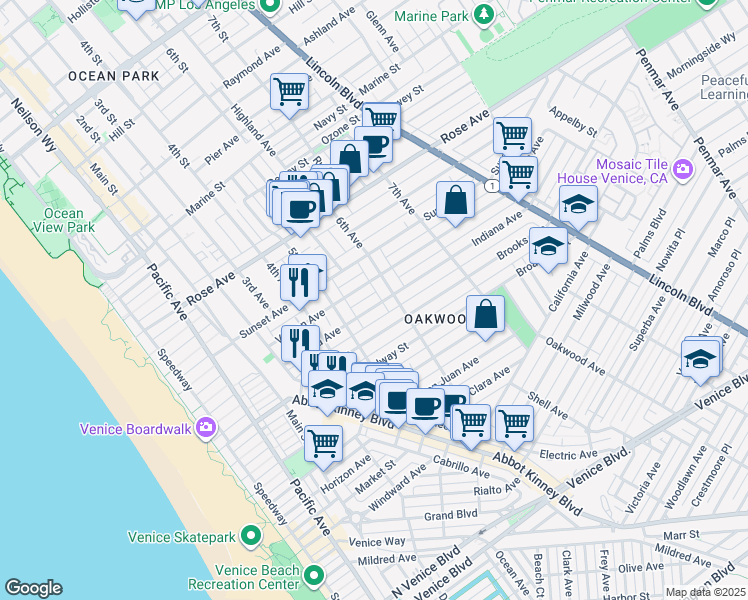 map of restaurants, bars, coffee shops, grocery stores, and more near 543 Indiana Avenue in Los Angeles