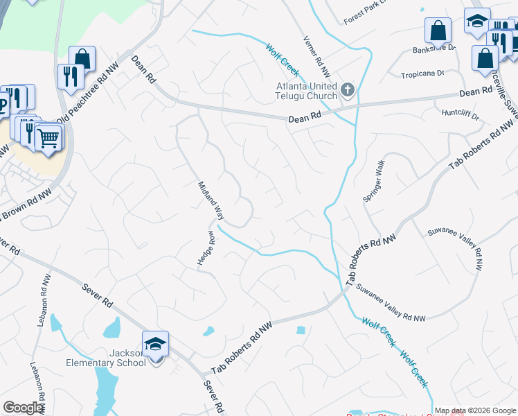 map of restaurants, bars, coffee shops, grocery stores, and more near 1140 Midland Way in Lawrenceville
