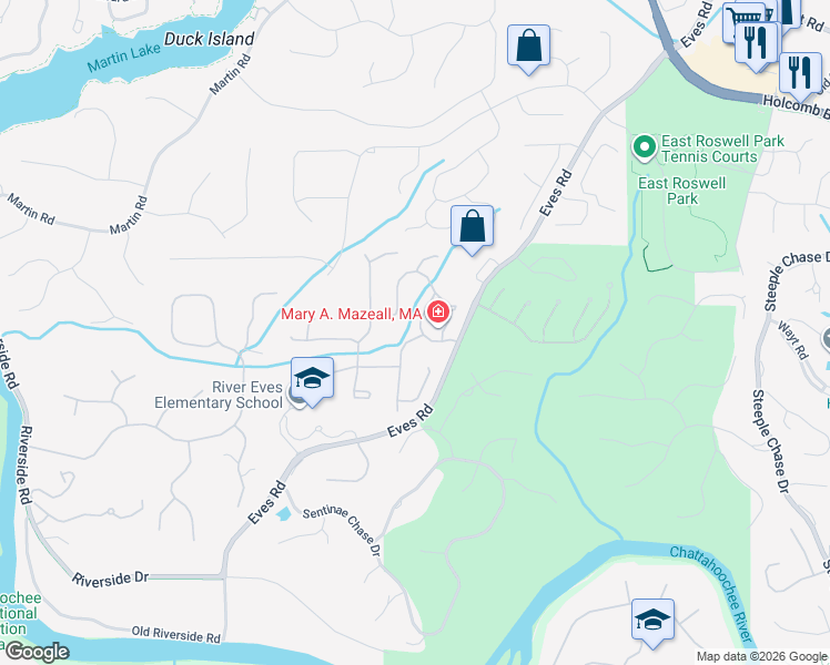 map of restaurants, bars, coffee shops, grocery stores, and more near 8930 Terrace Club Drive in Roswell