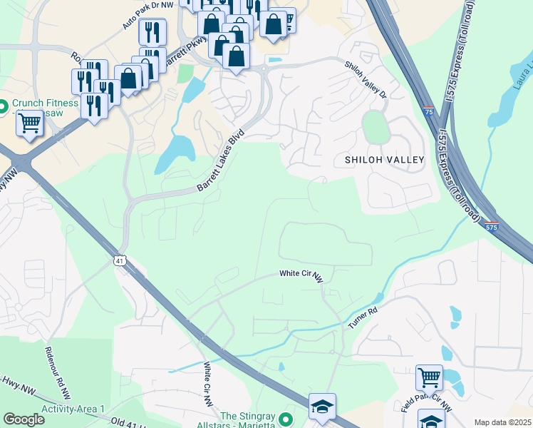map of restaurants, bars, coffee shops, grocery stores, and more near Noonday Church Road in Marietta
