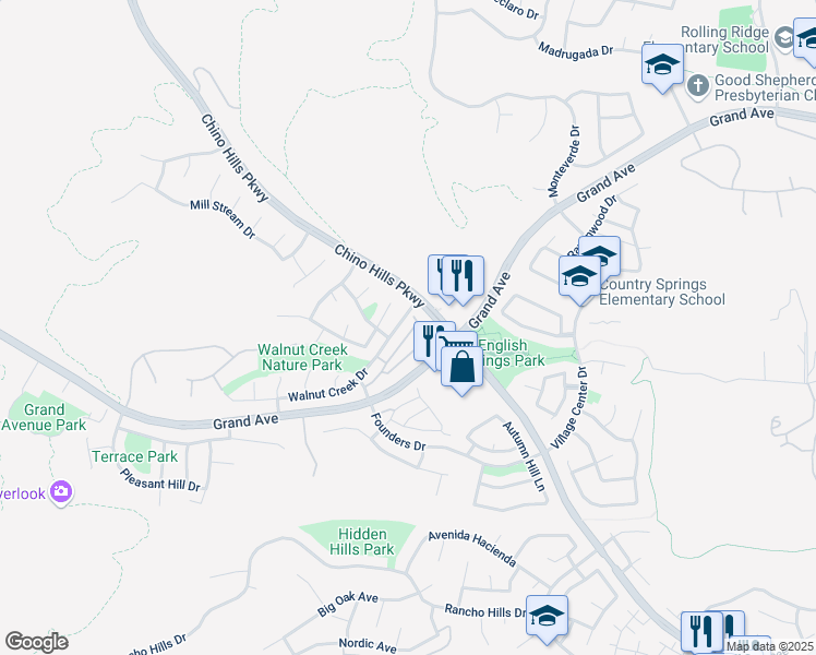 map of restaurants, bars, coffee shops, grocery stores, and more near 2084 Villa Del Lago Drive in Chino Hills