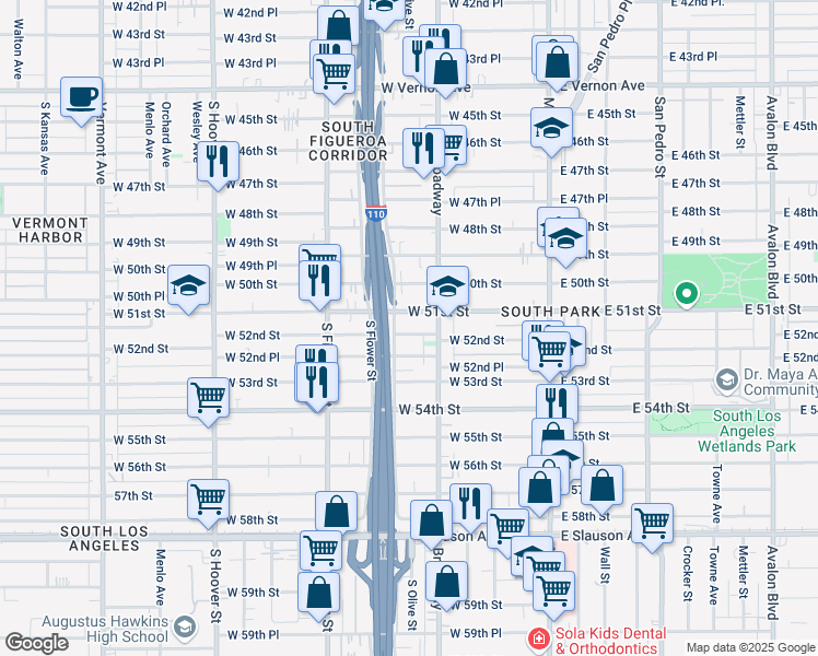 map of restaurants, bars, coffee shops, grocery stores, and more near 331 West 52nd Street in Los Angeles