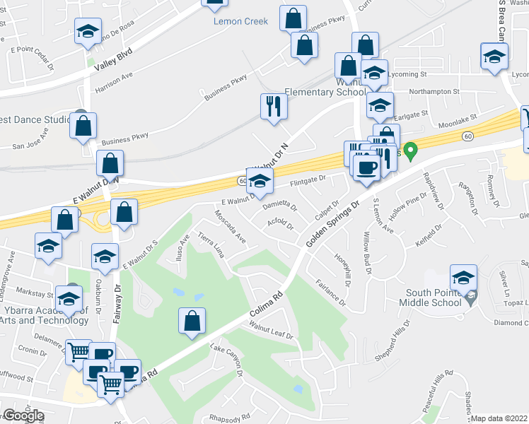 map of restaurants, bars, coffee shops, grocery stores, and more near 20232 Damietta Drive in Walnut