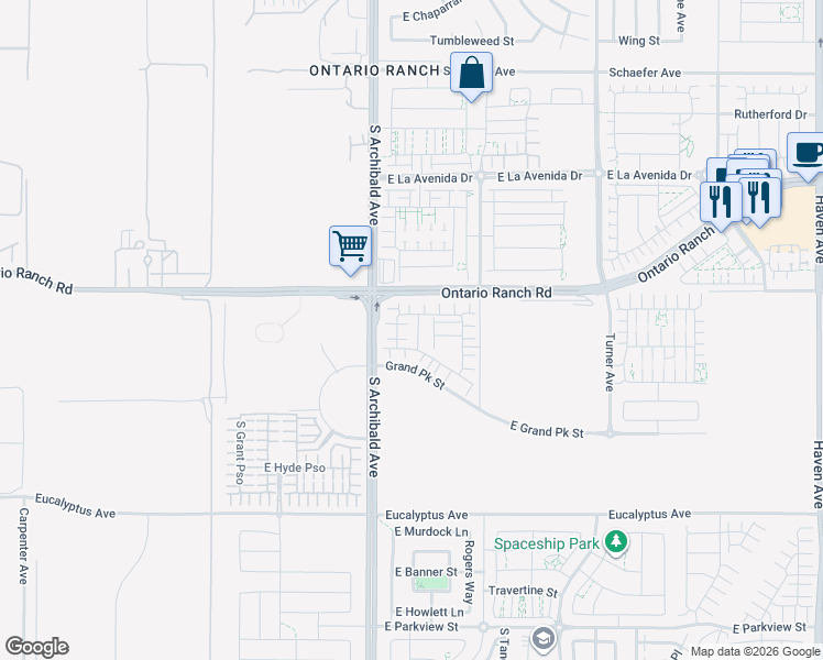 map of restaurants, bars, coffee shops, grocery stores, and more near 4241 South Montoya Paseo in Ontario