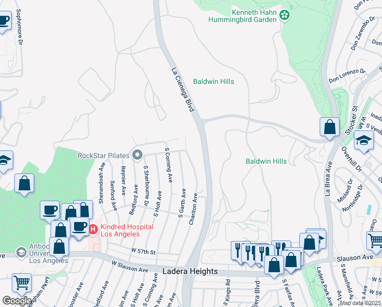 map of restaurants, bars, coffee shops, grocery stores, and more near 5102 South Garth Avenue in Los Angeles