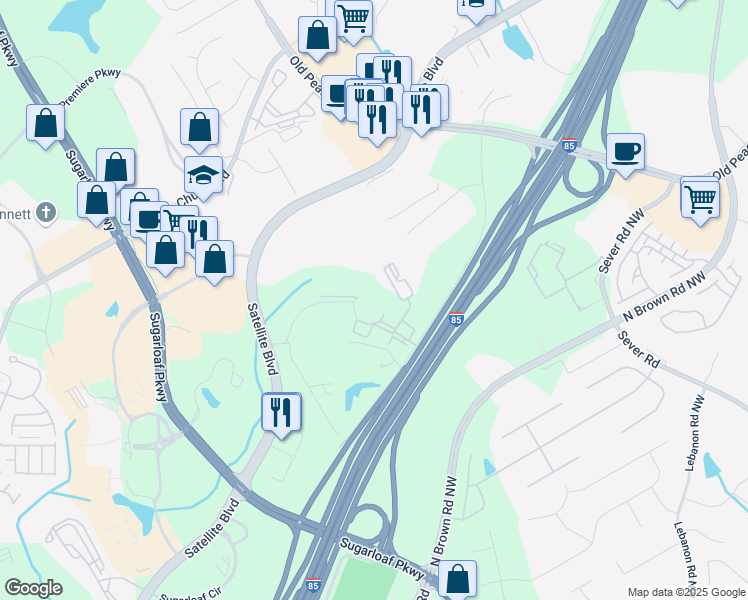 map of restaurants, bars, coffee shops, grocery stores, and more near 1755 Cross Pointe Way in Duluth