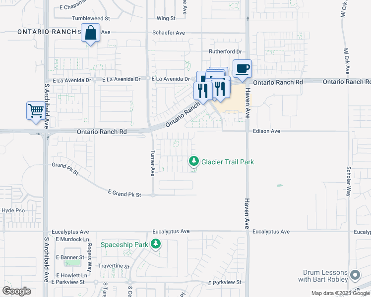 map of restaurants, bars, coffee shops, grocery stores, and more near 3227 East Olympic Drive in Ontario