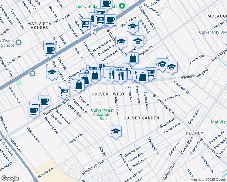 map of restaurants, bars, coffee shops, grocery stores, and more near 4129 Mildred Avenue in Los Angeles