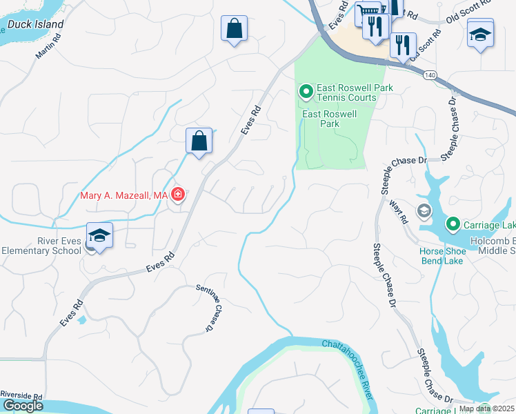 map of restaurants, bars, coffee shops, grocery stores, and more near 710 Falling Rocks Court in Roswell