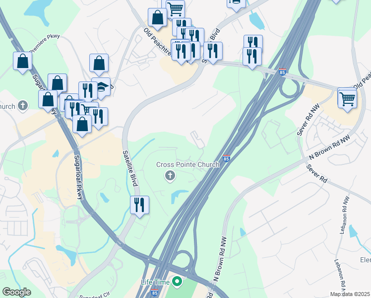 map of restaurants, bars, coffee shops, grocery stores, and more near 1755 Cross Pointe Way in Duluth