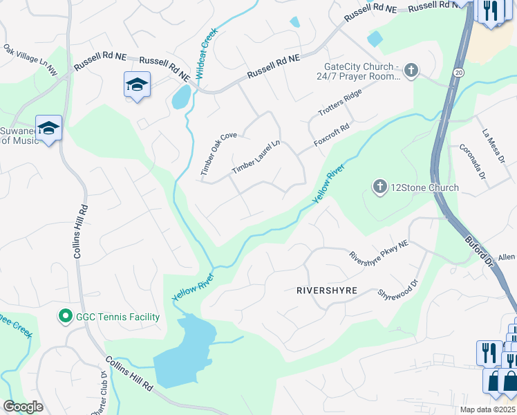 map of restaurants, bars, coffee shops, grocery stores, and more near 140 Timber Valley Lane in Lawrenceville