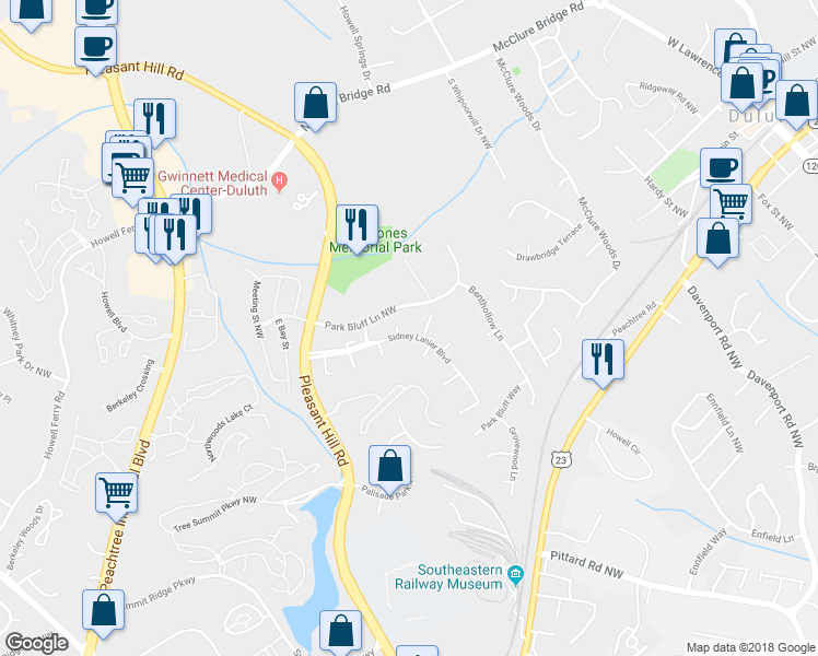 map of restaurants, bars, coffee shops, grocery stores, and more near 3677 Blackshear Court in Duluth