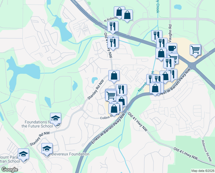map of restaurants, bars, coffee shops, grocery stores, and more near 1662 Leyland Drive in Kennesaw