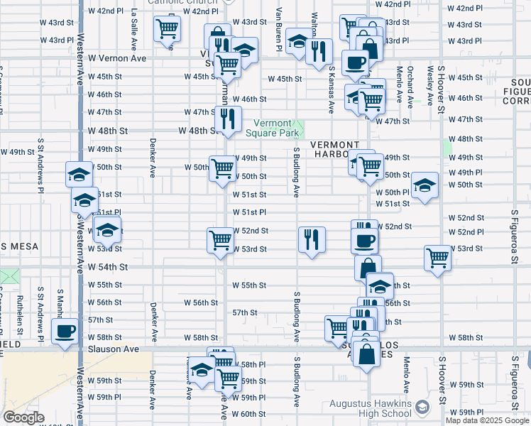map of restaurants, bars, coffee shops, grocery stores, and more near 1250 West 51st Place in Los Angeles
