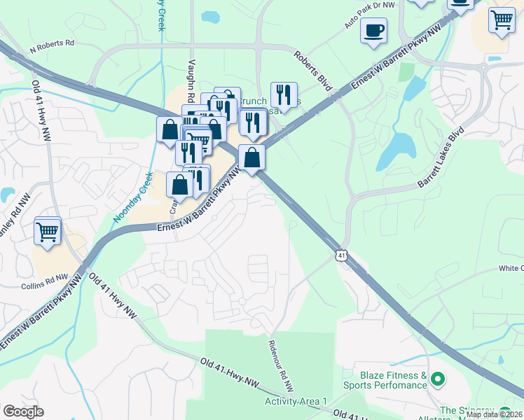 map of restaurants, bars, coffee shops, grocery stores, and more near 1235 Ridenour Boulevard in Kennesaw