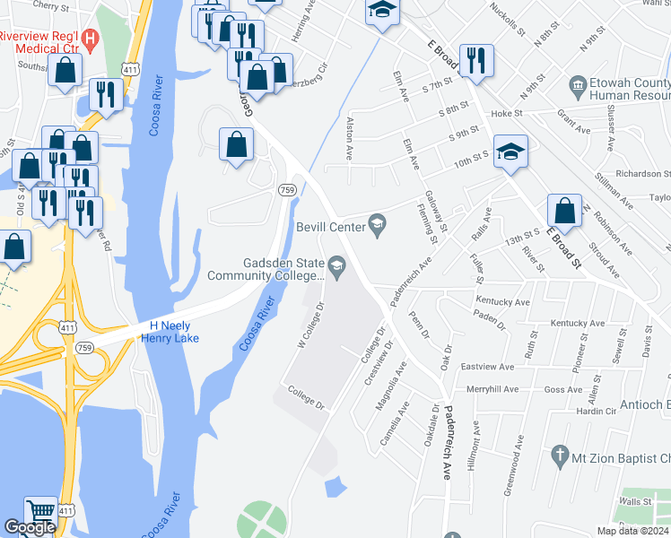 map of restaurants, bars, coffee shops, grocery stores, and more near 1001 George Wallace Drive in Gadsden