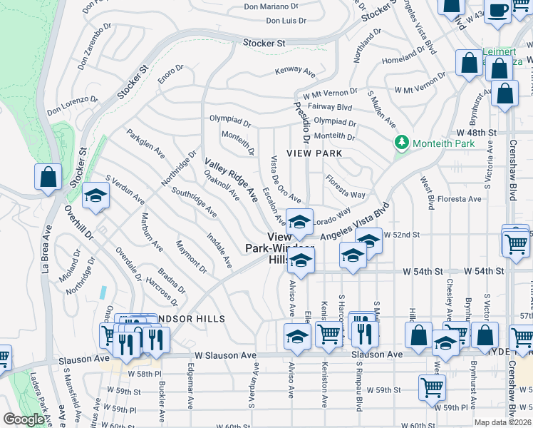 map of restaurants, bars, coffee shops, grocery stores, and more near 5138 Valley Ridge Avenue in View Park-Windsor Hills