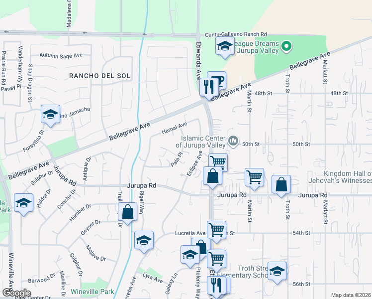map of restaurants, bars, coffee shops, grocery stores, and more near 5011 Eclipse Avenue in Jurupa Valley