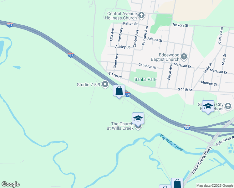 map of restaurants, bars, coffee shops, grocery stores, and more near 2798 Wills Creek Road in Gadsden