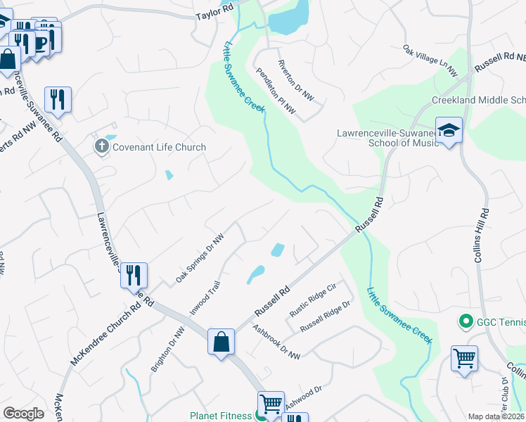 map of restaurants, bars, coffee shops, grocery stores, and more near 384 Oak Springs Drive Northwest in Lawrenceville