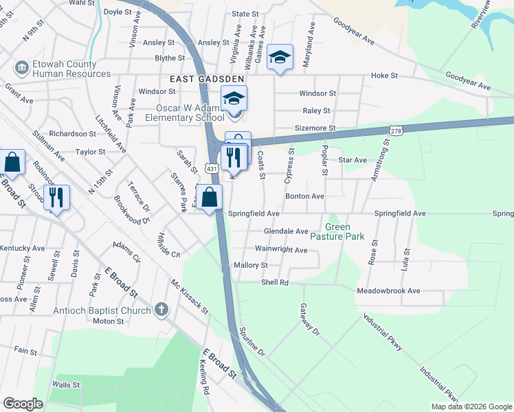 map of restaurants, bars, coffee shops, grocery stores, and more near 1407 Coats Street in Gadsden