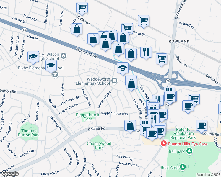 map of restaurants, bars, coffee shops, grocery stores, and more near 1501 Heather Hill Road in Hacienda Heights