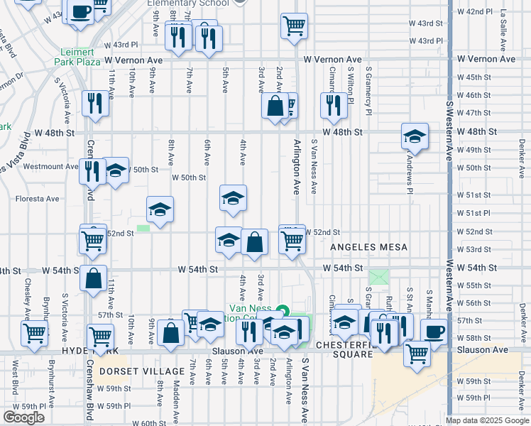 map of restaurants, bars, coffee shops, grocery stores, and more near 5128 3rd Avenue in Los Angeles