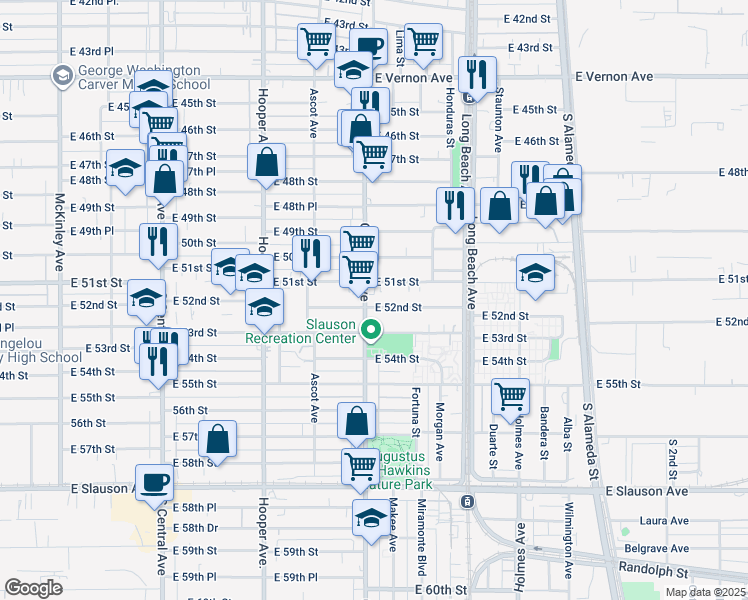 map of restaurants, bars, coffee shops, grocery stores, and more near 1511 East 52nd Street in Los Angeles