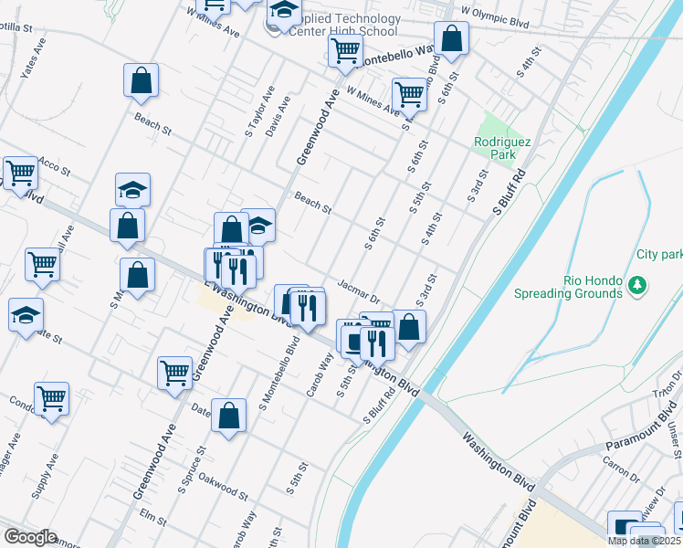 map of restaurants, bars, coffee shops, grocery stores, and more near 642 Jacmar Drive in Montebello
