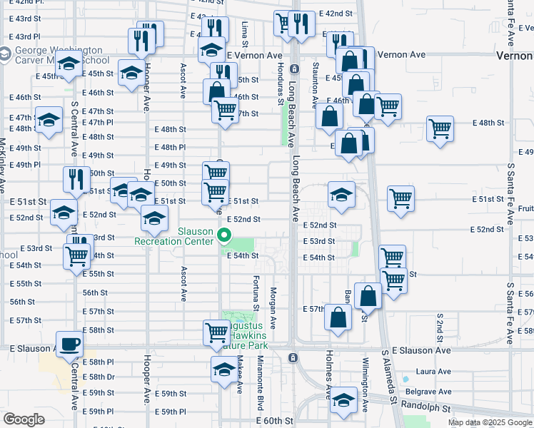 map of restaurants, bars, coffee shops, grocery stores, and more near 1613 East 52nd Street in Los Angeles