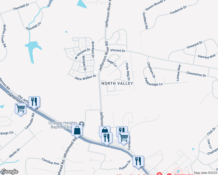map of restaurants, bars, coffee shops, grocery stores, and more near 135 South Ridge Drive in Athens