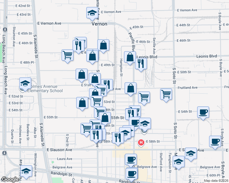 map of restaurants, bars, coffee shops, grocery stores, and more near 2455 East 52nd Street in Vernon