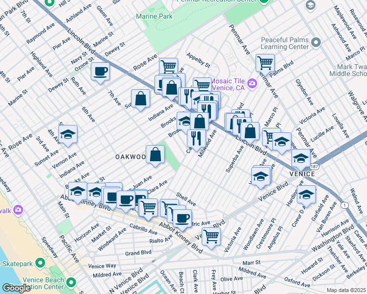 map of restaurants, bars, coffee shops, grocery stores, and more near 820 Broadway Street in Los Angeles