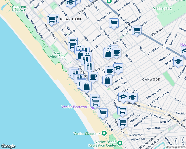 map of restaurants, bars, coffee shops, grocery stores, and more near 200 Rose Avenue in Los Angeles
