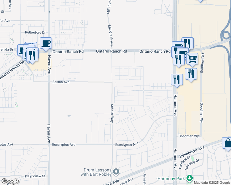 map of restaurants, bars, coffee shops, grocery stores, and more near 4254 South Laguna Avenue in Ontario