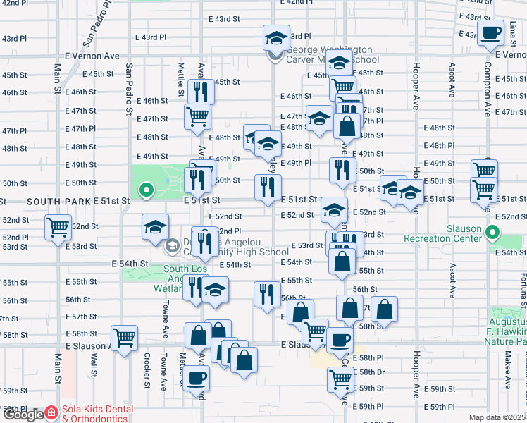 map of restaurants, bars, coffee shops, grocery stores, and more near 767 East 52nd Street in Los Angeles