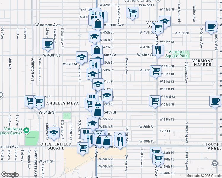 map of restaurants, bars, coffee shops, grocery stores, and more near 1611 West 51st Place in Los Angeles