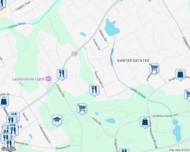 map of restaurants, bars, coffee shops, grocery stores, and more near 1004 Sunny Field Lane in Lawrenceville