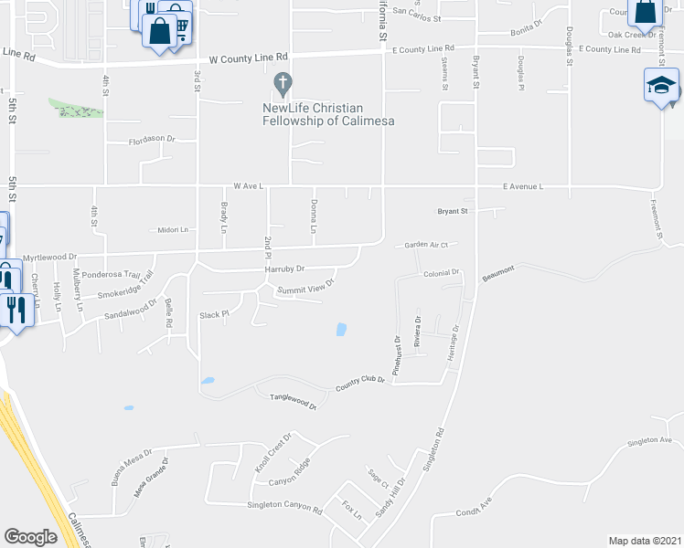 map of restaurants, bars, coffee shops, grocery stores, and more near 215 Summit View Drive in Calimesa