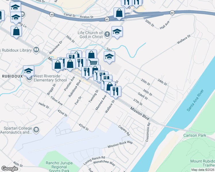 map of restaurants, bars, coffee shops, grocery stores, and more near 3752 Mintern Street in Riverside