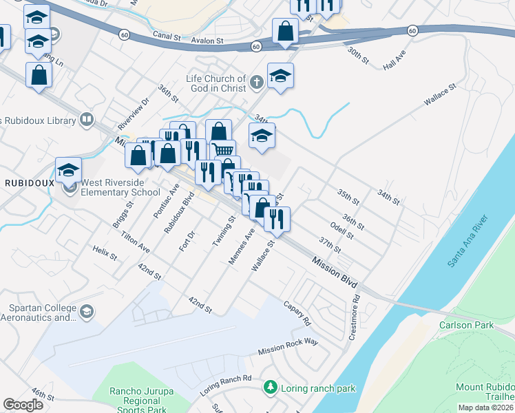 map of restaurants, bars, coffee shops, grocery stores, and more near 3752 Mintern Street in Riverside