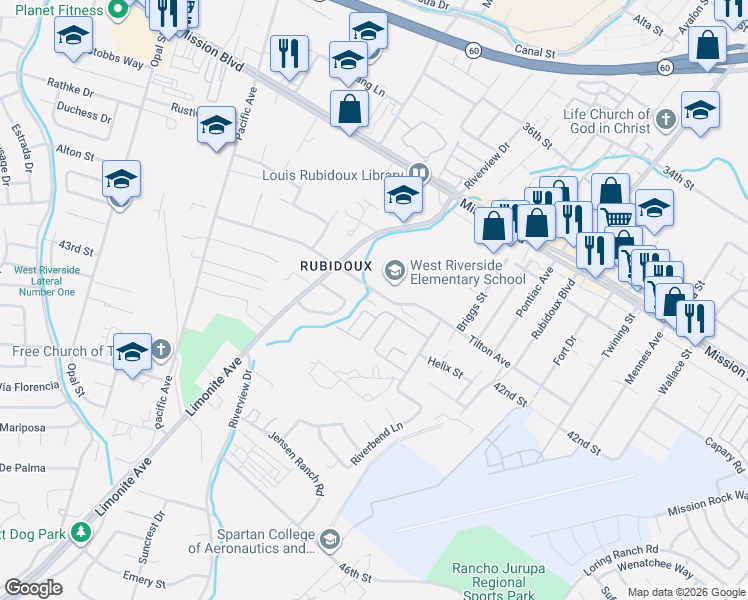 map of restaurants, bars, coffee shops, grocery stores, and more near 5670 42nd Street in Riverside