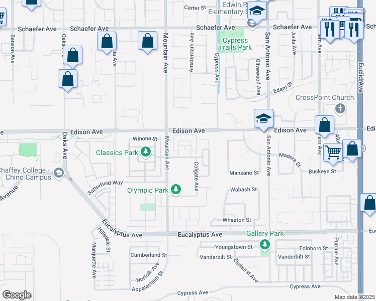 map of restaurants, bars, coffee shops, grocery stores, and more near 14177 Frostburg Avenue in Chino