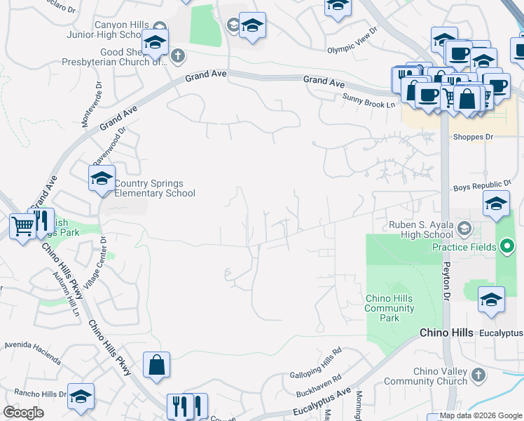 map of restaurants, bars, coffee shops, grocery stores, and more near 2810 English Road in Chino Hills