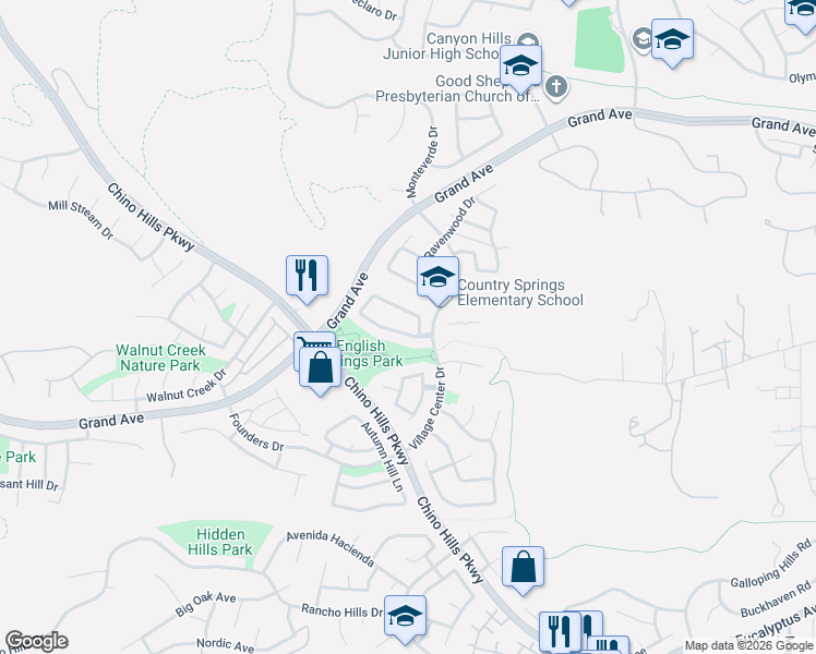 map of restaurants, bars, coffee shops, grocery stores, and more near 14145 Morning View Drive in Chino Hills