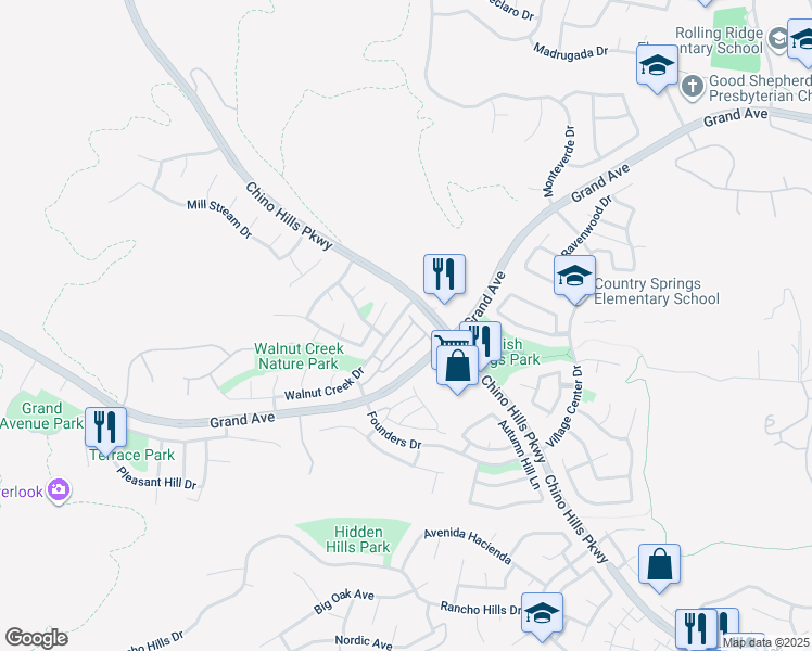 map of restaurants, bars, coffee shops, grocery stores, and more near 2084 Villa Del Lago Drive in Chino Hills